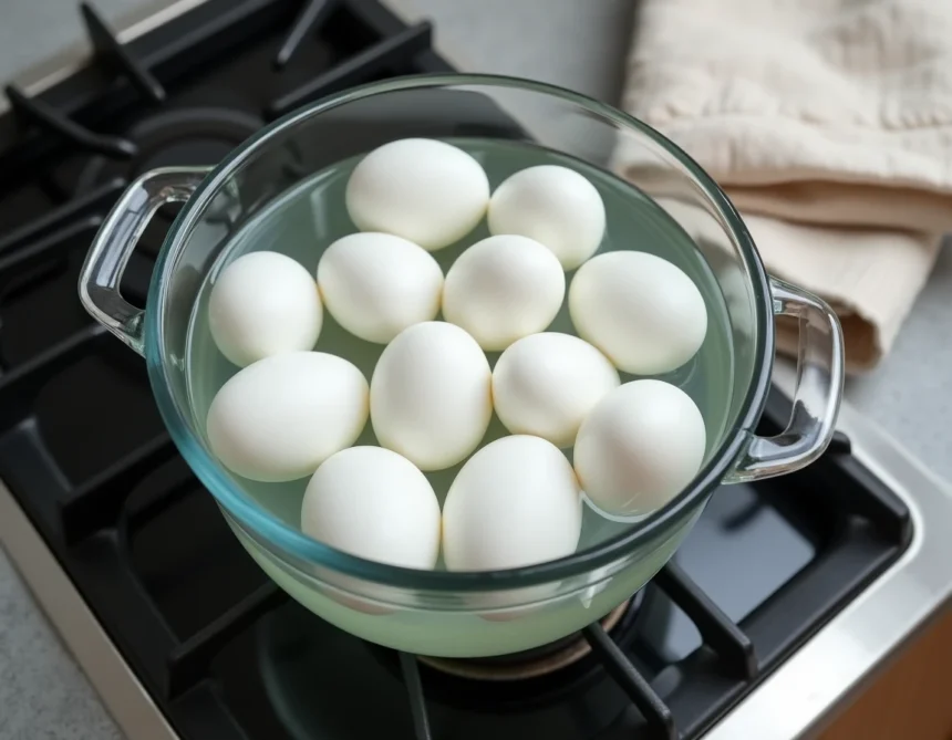 Oeufs durs plongés dans l'eau froide dans une casserole en verre sur une plaque de cuisson, méthode de cuisson départ eau froide