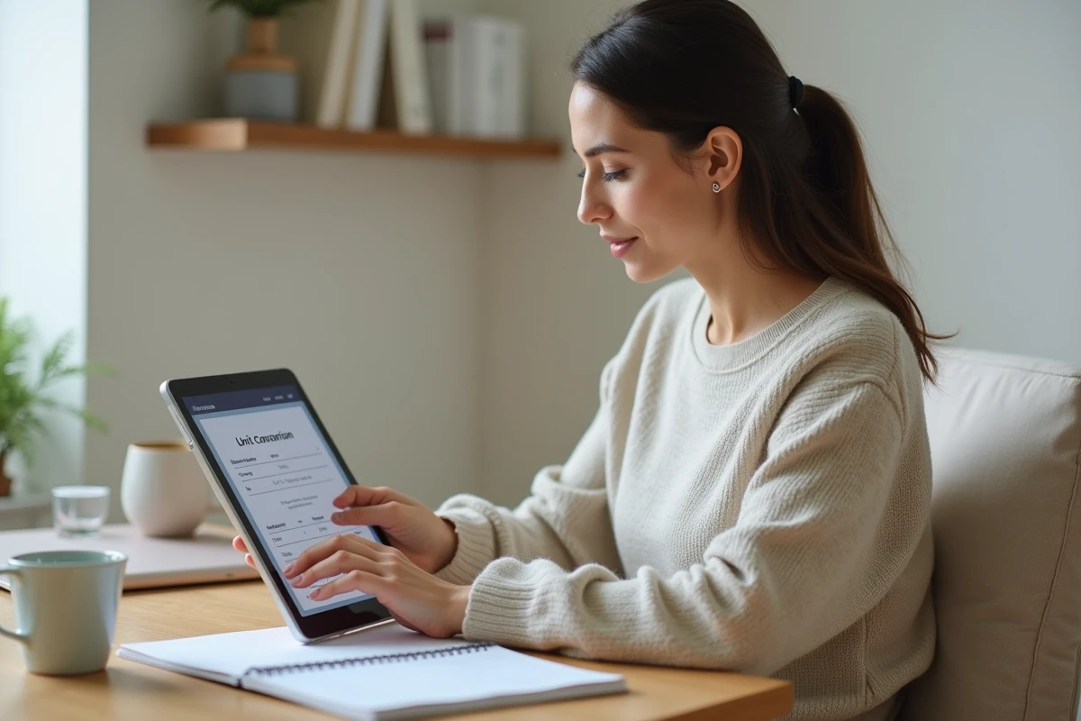 Jeune femme utilisant un outil de conversion en ligne grammes en cl sur une tablette, avec un carnet de notes manuscrites posé sur un bureau en bois