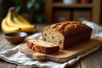 Pain aux bananes vegan tranché sur une planche en bois avec des bananes mûres et du sirop d'érable