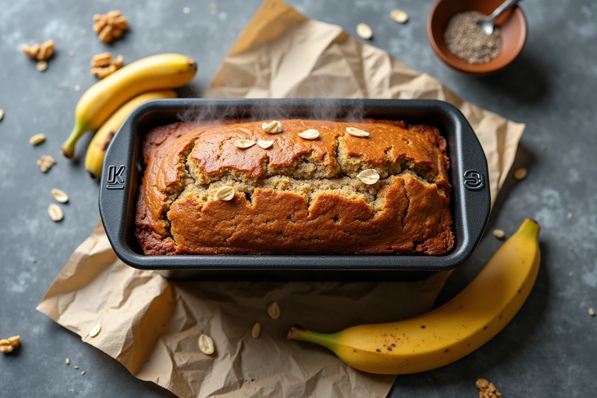 Vue de dessus d'un pain aux bananes vegan doré sorti du moule sur une surface en béton avec flocons d'avoine