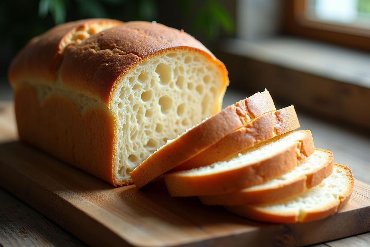 Pain de campagne tranché sur une planche en bois avec lumière naturelle