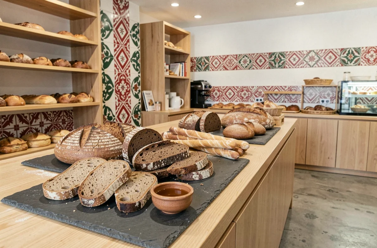 Comptoir de la boulangerie Panaqui au Pays Basque avec gâteau Basque tranché, miches de pain au levain et gressins sur des ardoises