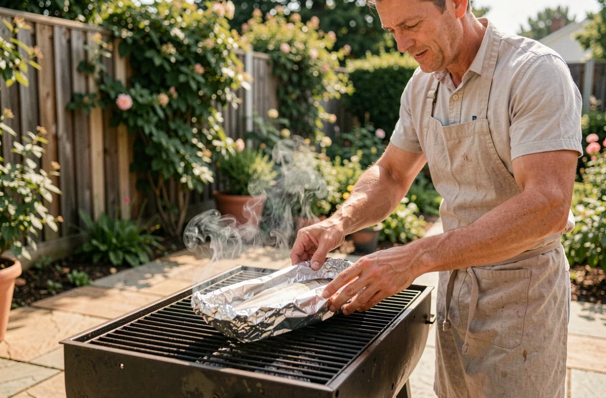 Cuisinier plaçant une papillote de poisson en aluminium sur un barbecue à charbon dans un jardin ensoleillé