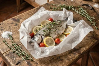 Papillote de poisson entière au four avec herbes fraîches, citron et tomates cerises sur table en bois rustique