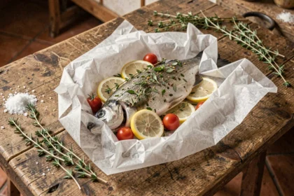 Papillote de poisson entière au four avec herbes fraîches, citron et tomates cerises sur table en bois rustique