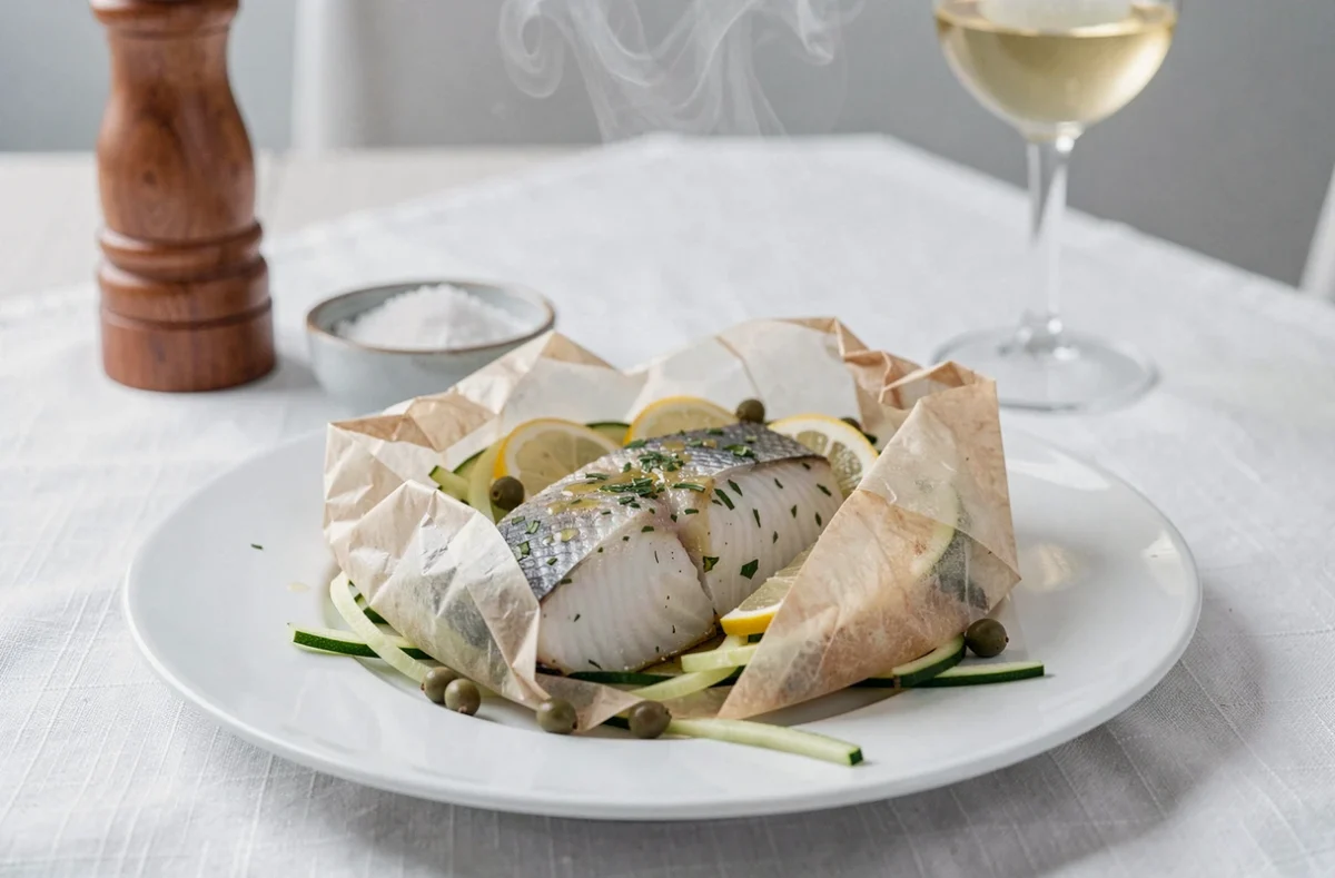Papillote de poisson ouverte sur assiette blanche révélant un filet feuilleté avec courgettes et citron, vapeur visible