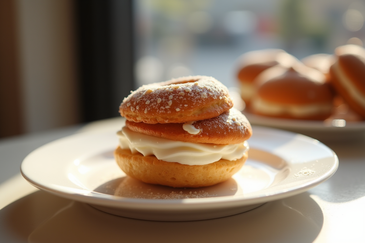 Détails du ParisBrest praliné sur assiette en porcelaine blanche