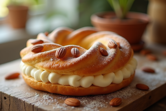 Gâteau ParisBrest praliné sur table en bois rustique