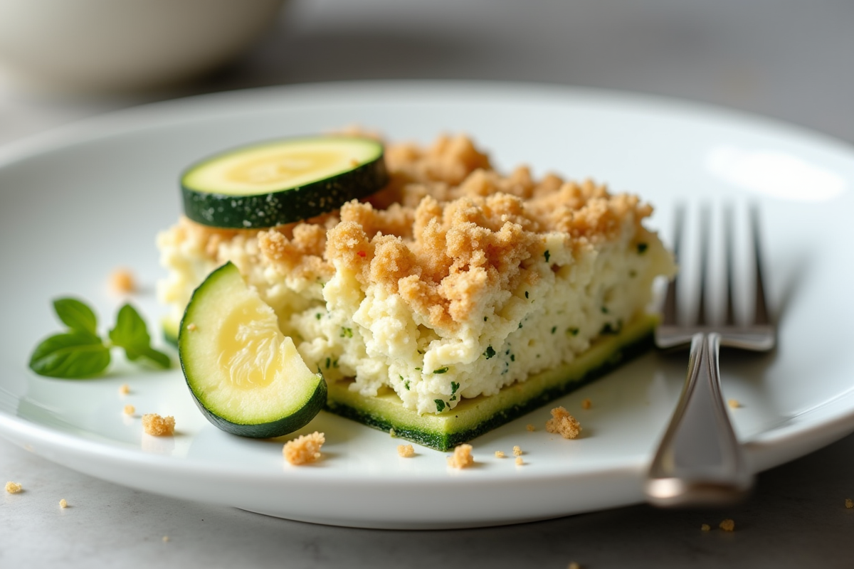 Part de gratin de courgette et chèvre sur une assiette blanche