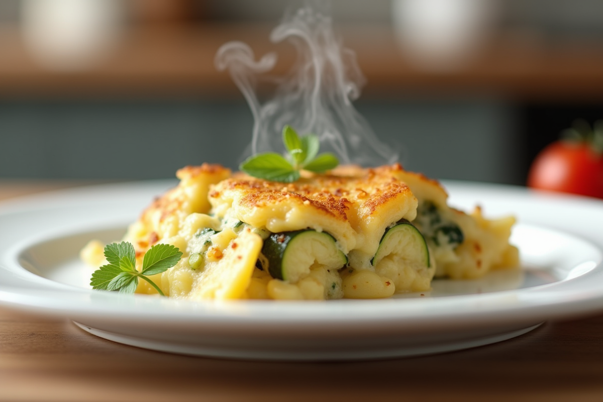 Part de gratin de courgettes et pommes de terre servie dans une assiette blanche