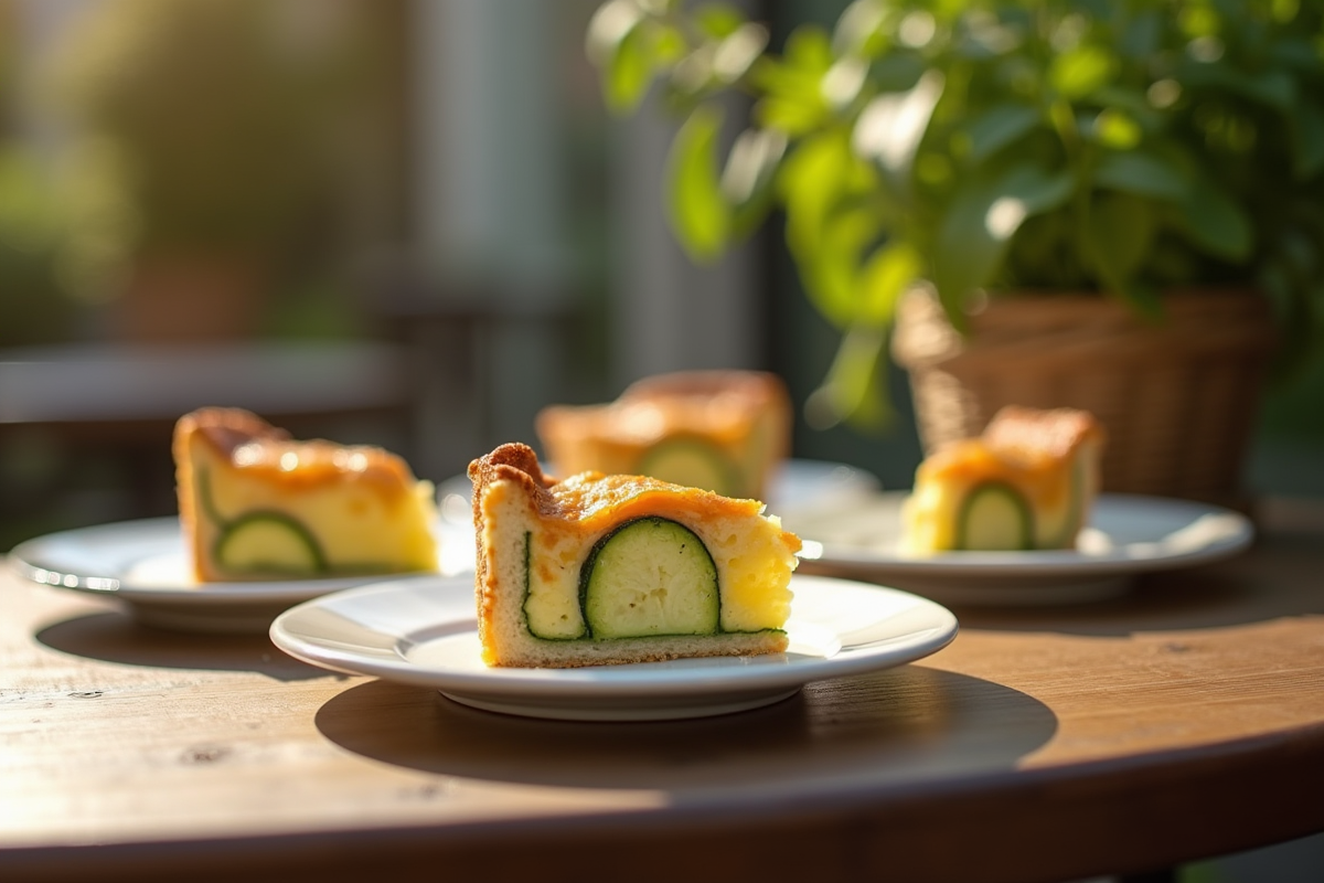 Partage de tranches de tarte à la courgette en extérieur