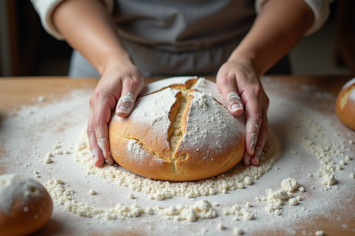 Mains d’un boulanger façonnant une pâte à pain de campagne avec farine