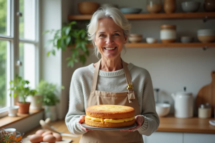 Femme souriante tenant un gâteau oeuf léger dans une cuisine lumineuse