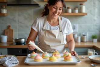 Femme souriante décorant des meringues arc-en-ciel dans la cuisine