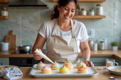 Femme souriante décorant des meringues arc-en-ciel dans la cuisine