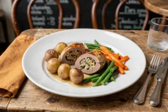 Assiette de paupiette de veau accompagnée de pommes de terre rôties et légumes glacés sur table de bistro en bois