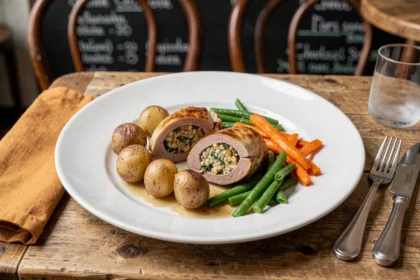 Assiette de paupiette de veau accompagnée de pommes de terre rôties et légumes glacés sur table de bistro en bois