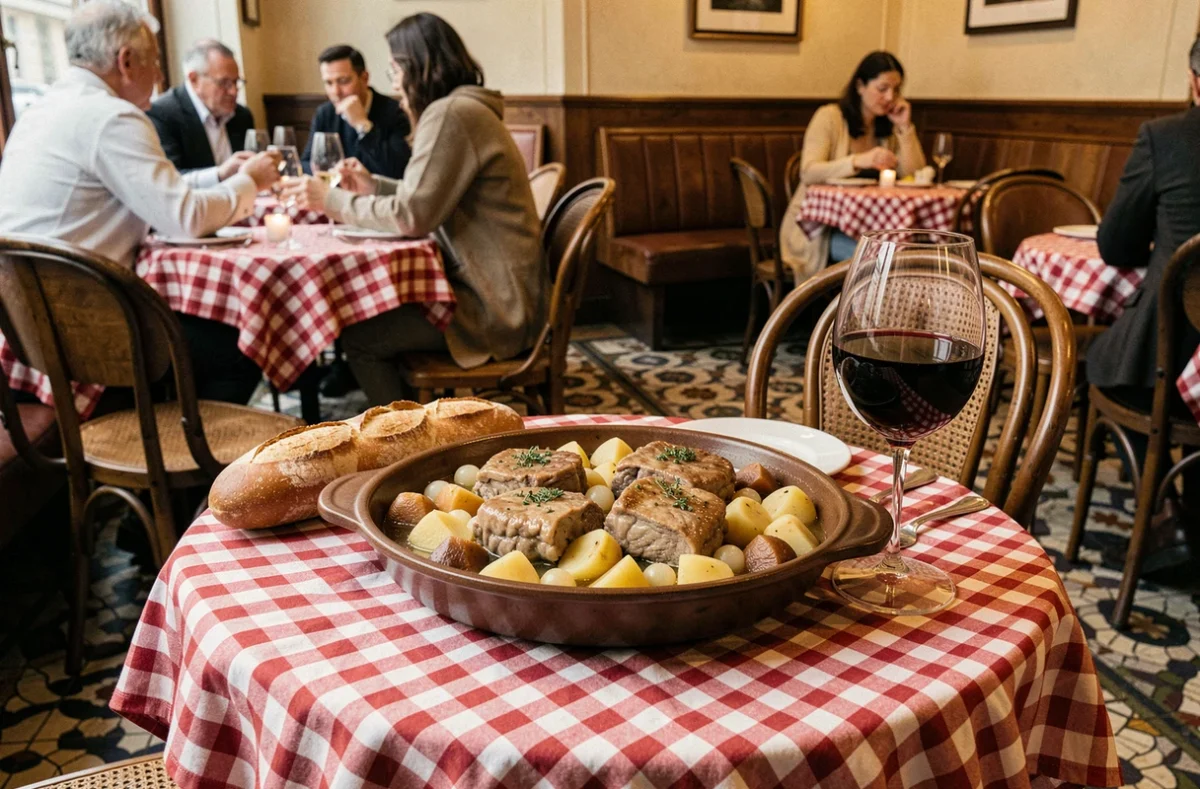 Plat familial de paupiettes de veau braisées aux pommes de terre et légumes racines servi dans un bistro parisien traditionnel