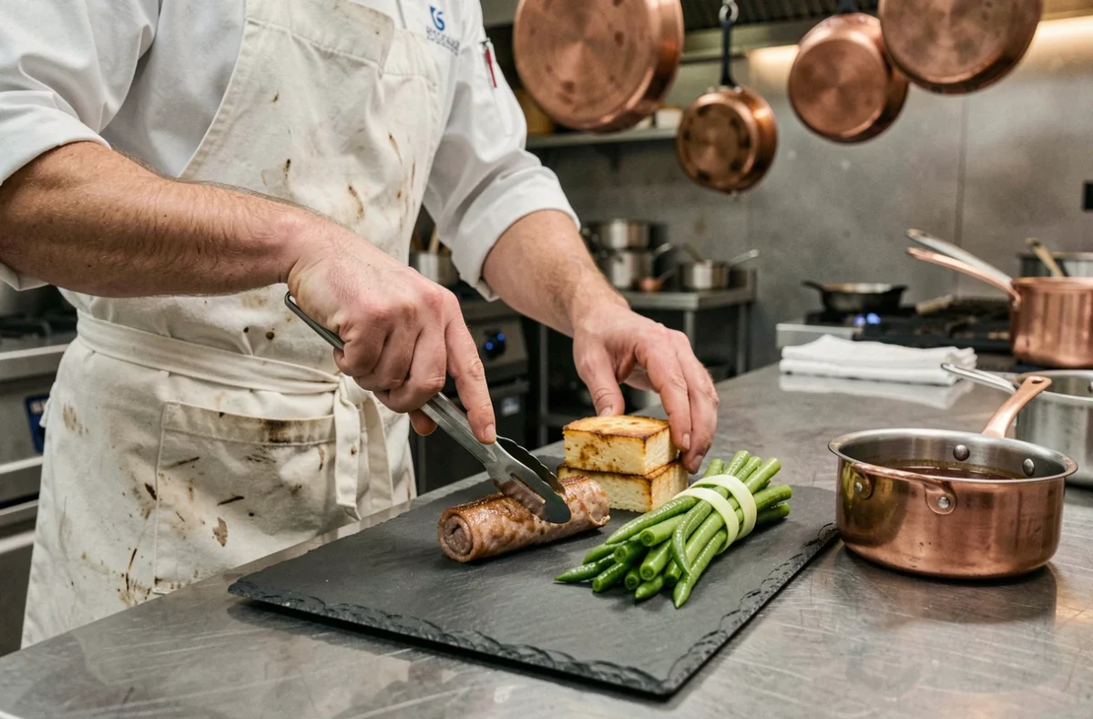 Chef en tablier blanc dressant une paupiette de veau avec gratin dauphinois et haricots verts dans une cuisine de bistro