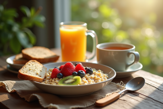 Petit déjeuner sain avec fruits et flocons d'avoine