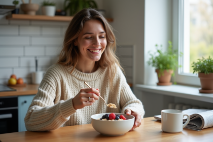 Jeune femme souriante avec un bol d'avoine aux fruits