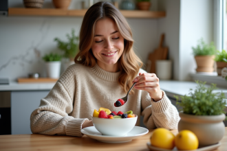 Jeune femme souriante dégustant un yogourt aux fruits frais