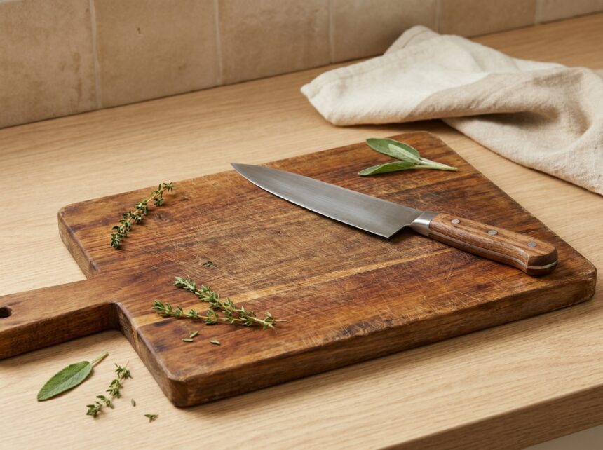 Planche à découper en bois avec grain naturel et couteau de chef sur plan de travail en cuisine