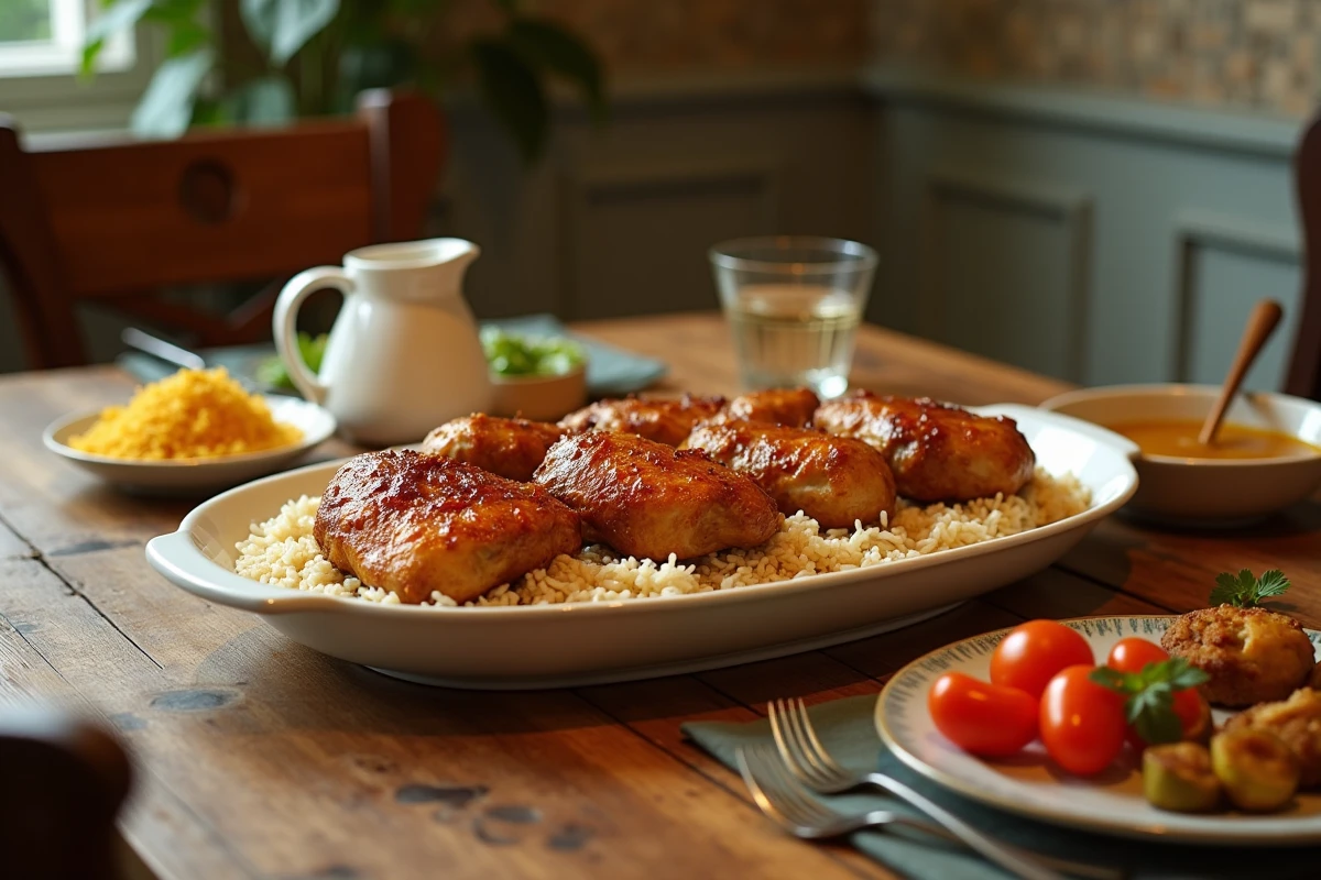 Plat familial de cuisses de poulet caramélisées au miel servi avec du riz et des légumes sur une table de salle à manger