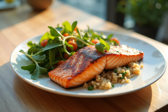 Assiette de saumon grillé avec quinoa et légumes vapeur