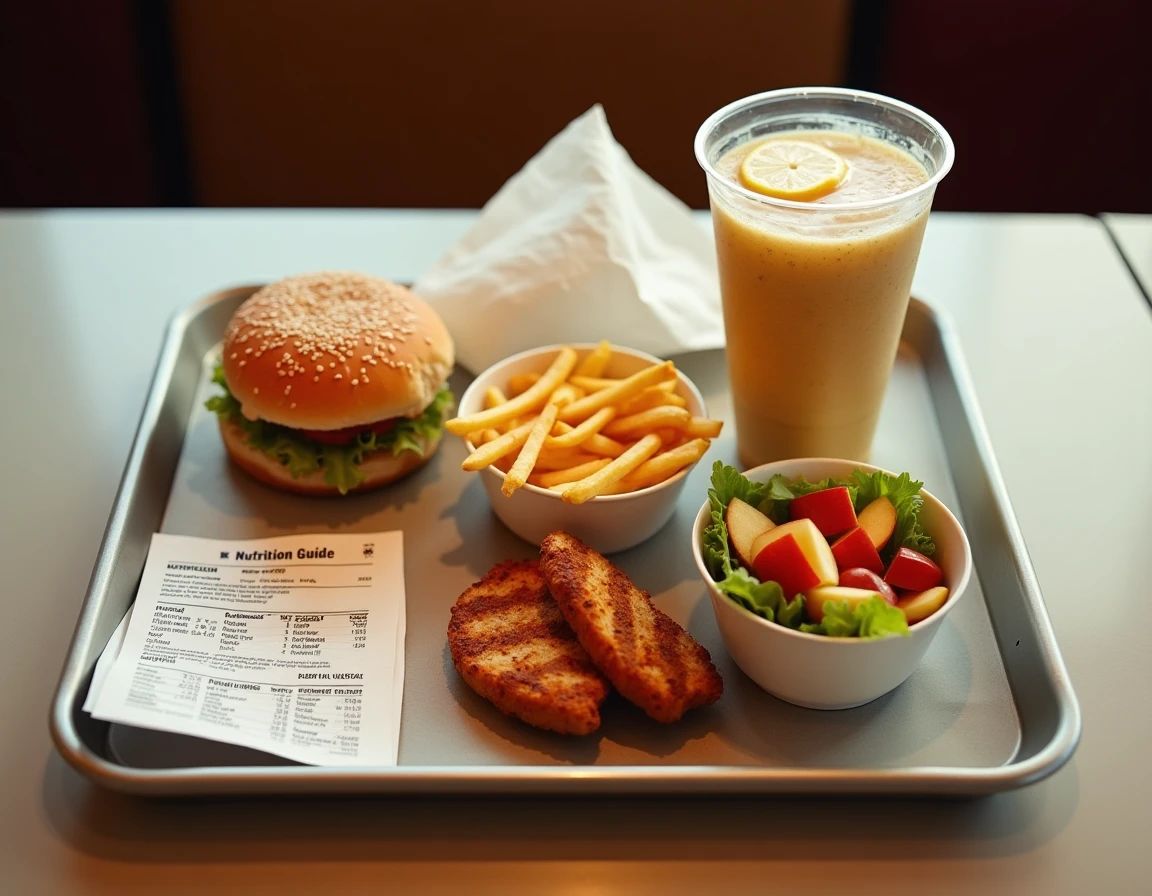 Vue aérienne d'un plateau de fast food américain réorganisé avec des options plus saines comme la salade, le poulet grillé et les tranches de pomme