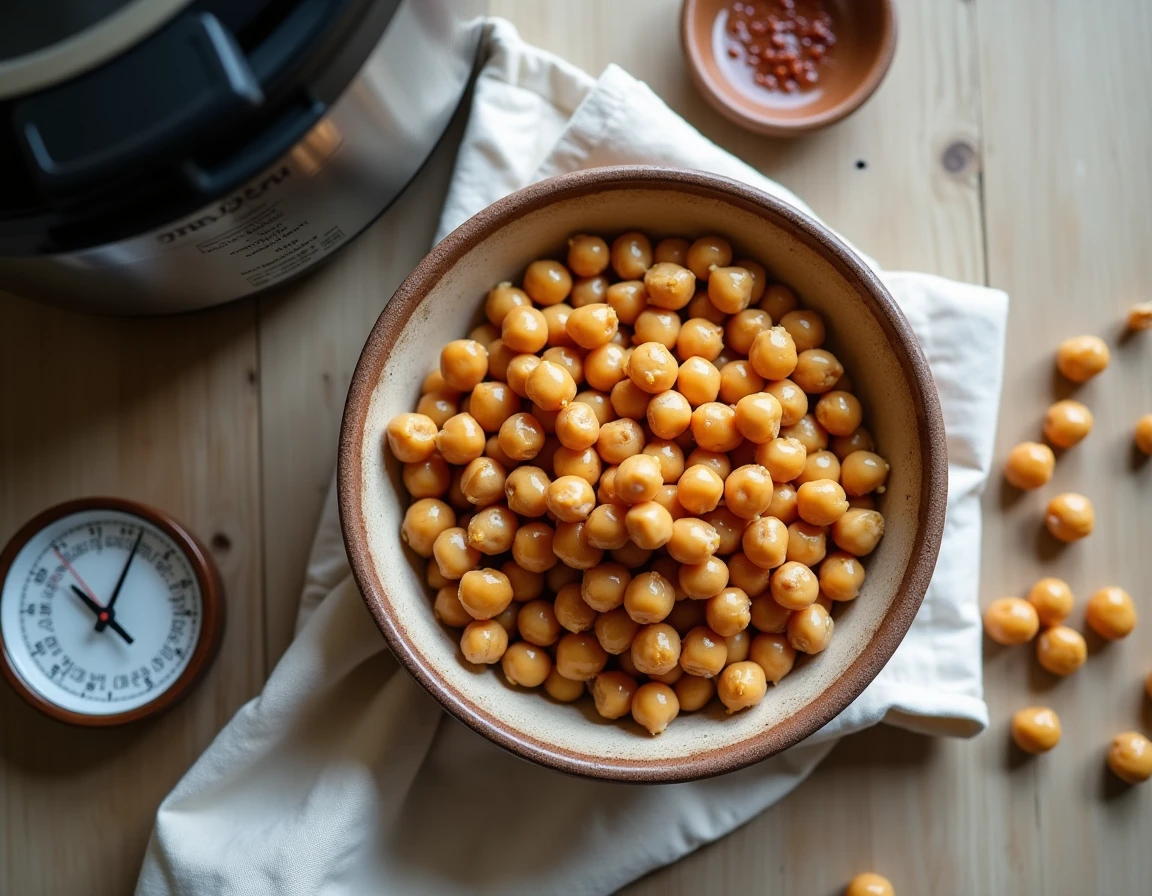 Bol de pois chiches cuits à la cocotte-minute posé sur une table en bois avec minuteur et fiche recette
