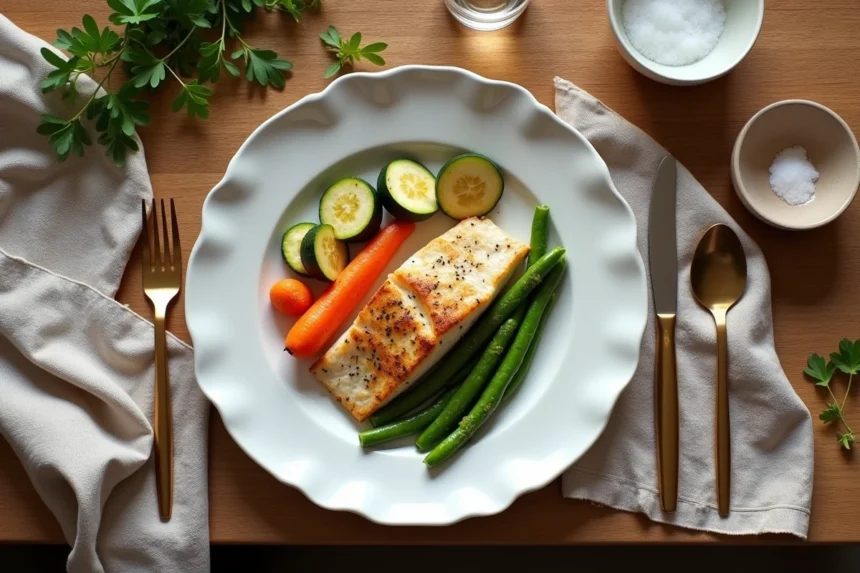 Assiette de poisson blanc avec légumes rôtis et haricots verts sur une table en bois rustique