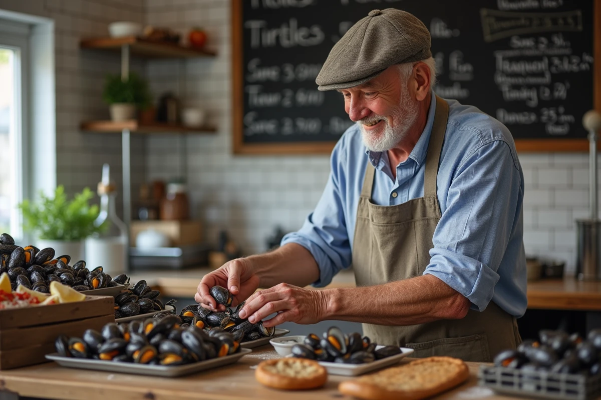 Poissonnier présentant des moules dans une poissonnerie