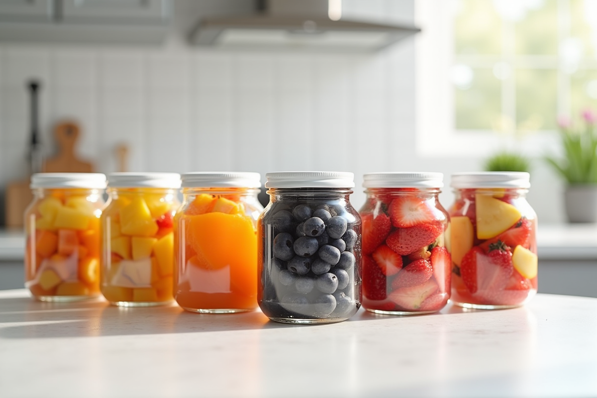 Petits pots de confitures de fruits colorés sur un plan de travail moderne