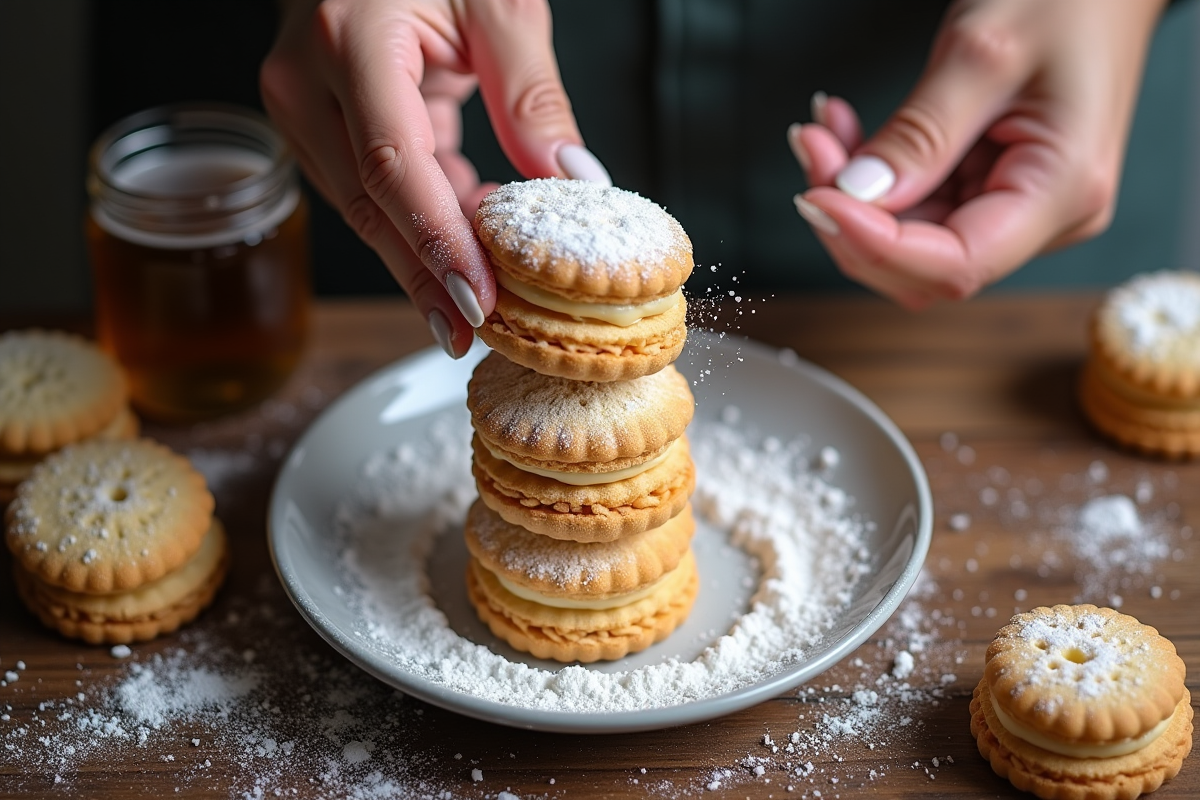 Main saupoudrant du sucre glace sur biscuits joconde