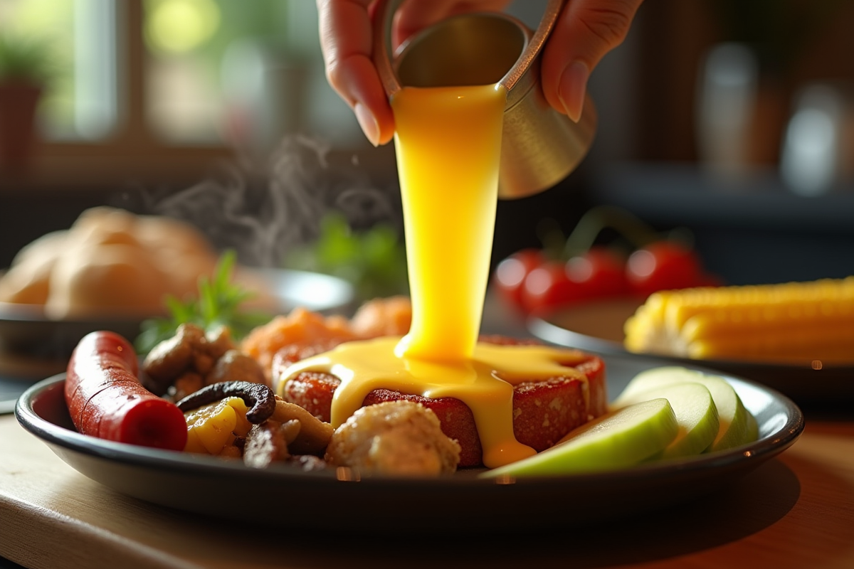 Raclette versée sur une assiette avec chorizo et champignons