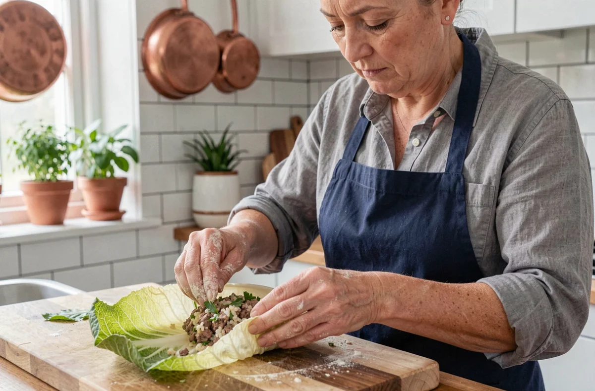 Femme préparant des choux farcis en repliant une feuille de chou sur la farce à viande dans une cuisine familiale