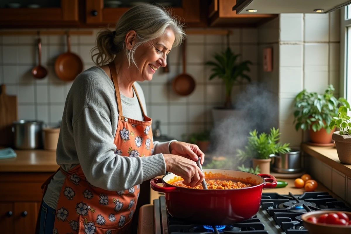 Femme en tablier préparant un goulash hongrois dans une grande cocotte émaillée sur cuisinière à gaz