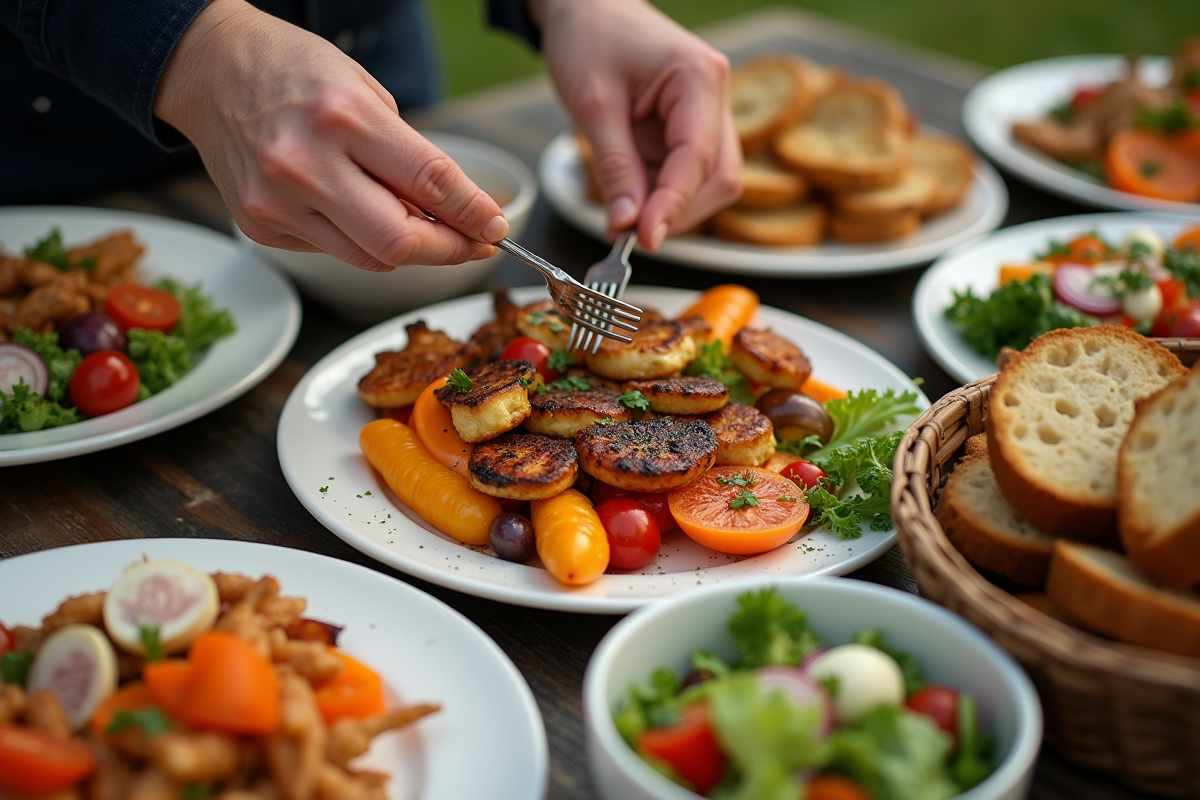 Mains disposant des légumes grillés et salades avant barbecue