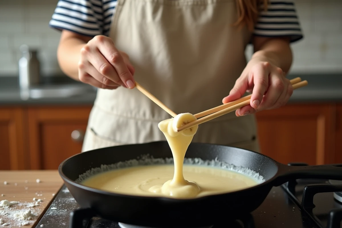Jeune femme trempant des rondelles de banane dans la pâte à beignets au-dessus d'une poêle en fonte sur cuisinière domestique