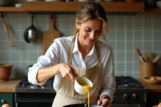 Femme versant une pâte à crêpes fine et homogène sur une poêle en fonte dans une cuisine rustique