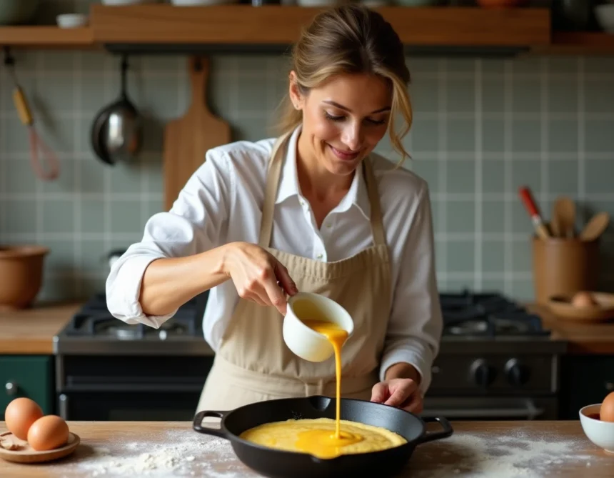 Femme versant une pâte à crêpes fine et homogène sur une poêle en fonte dans une cuisine rustique