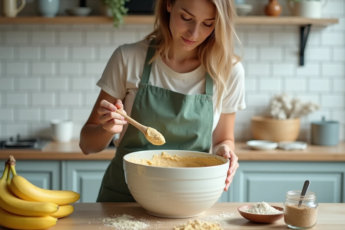 Femme préparant la pâte à pain aux bananes vegan dans un bol en céramique avec des ingrédients sans œufs