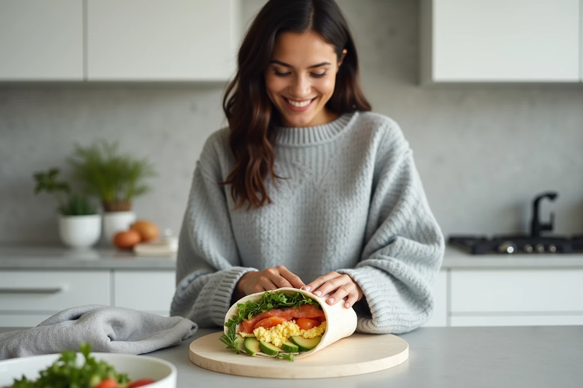 Femme préparant une galette salée au saumon fumé et avocat pour un petit déjeuner original