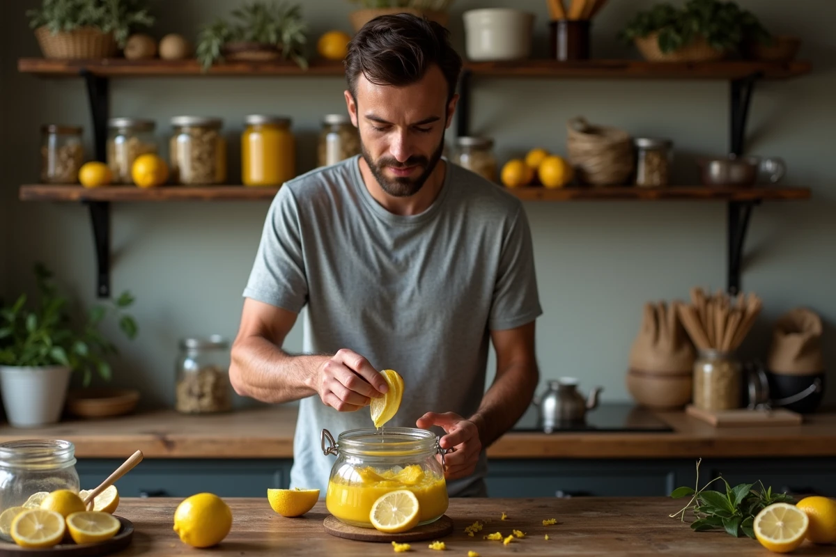 Homme pressant des citrons sur un presse-agrume en verre dans une cuisine avec des conserves d'écorces de citron