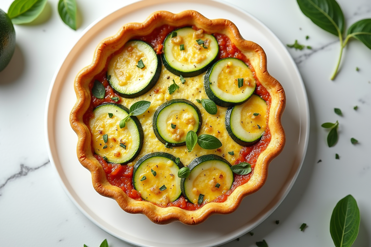 Quiche courgette entière sur assiette blanche