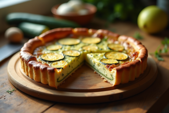 Tarte courgette fraîche tranchée sur table rustique