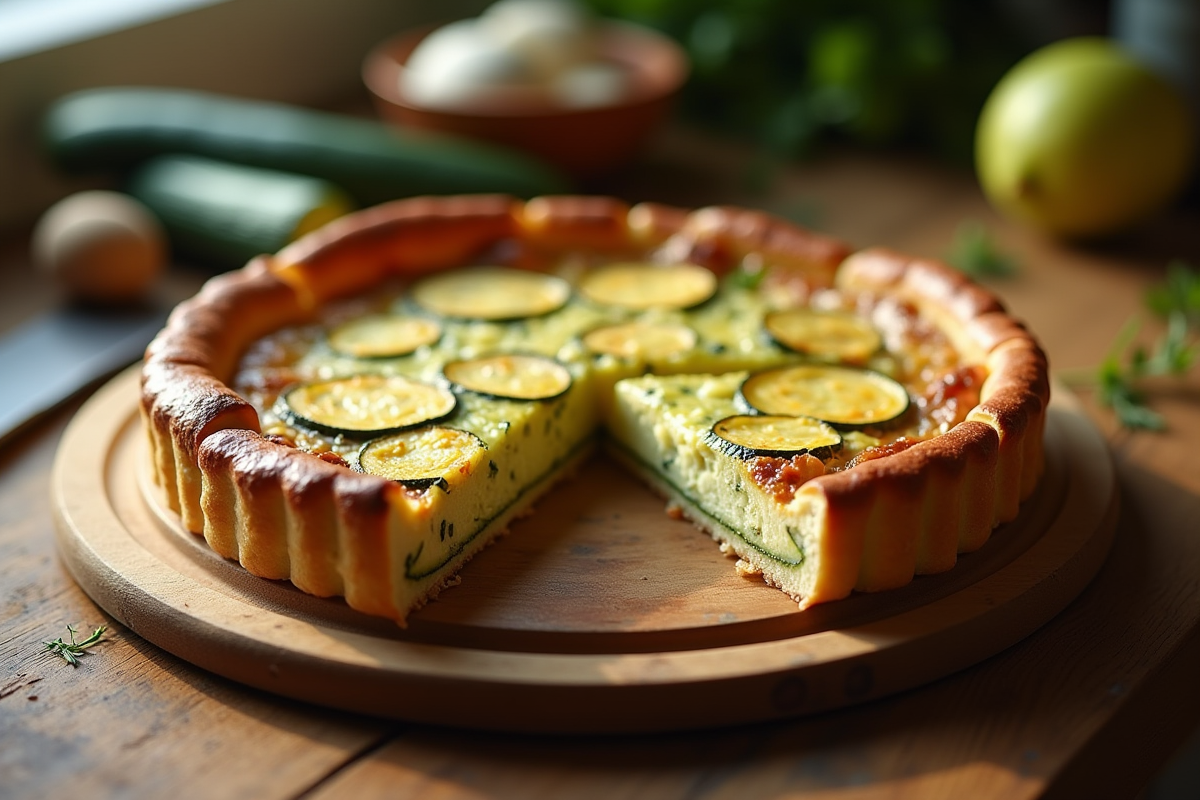Tarte courgette fraîche tranchée sur table rustique