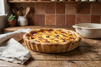 Quiche lorraine dorée dans un plat en céramique posée sur un comptoir en bois rustique, prête à être conservée