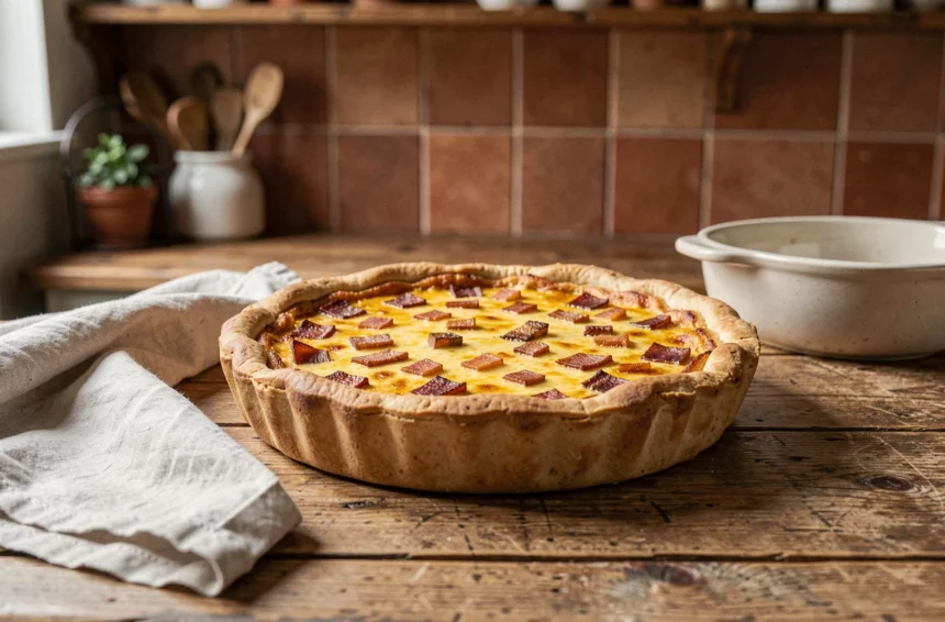 Quiche lorraine dorée dans un plat en céramique posée sur un comptoir en bois rustique, prête à être conservée